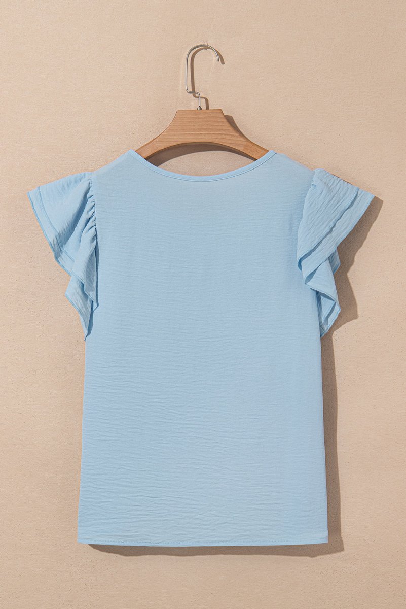 Mist Blue Solid Color Ruffled Short Sleeve Casual Blouse - Love Salve